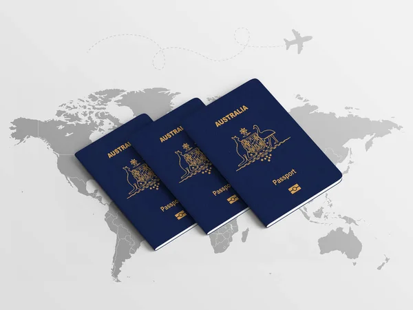 Pasaportes Familiares Australia Para Viajar Contexto Del Mapa Mundial Ilustración —  Fotos de Stock