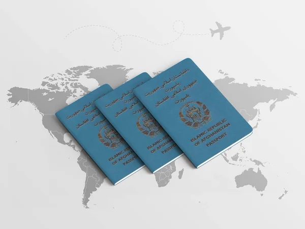 Pasaportes Familiares Afganistán Para Viajar Contexto Del Mapa Mundial Ilustración —  Fotos de Stock