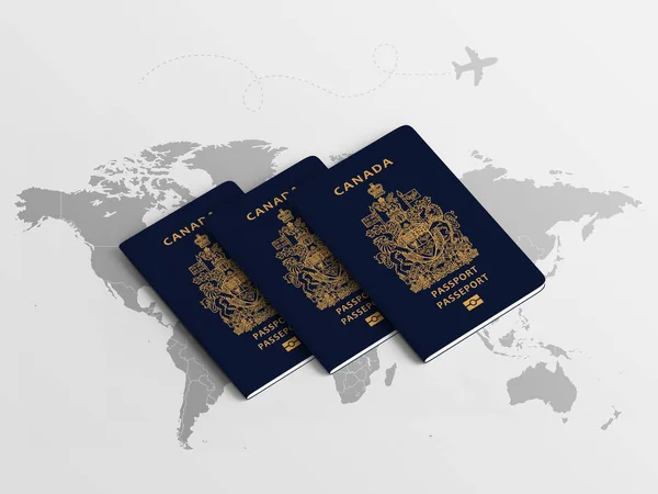 Pasaportes Familiares Canadá Para Viajar Contexto Del Mapa Mundial Ilustración —  Fotos de Stock