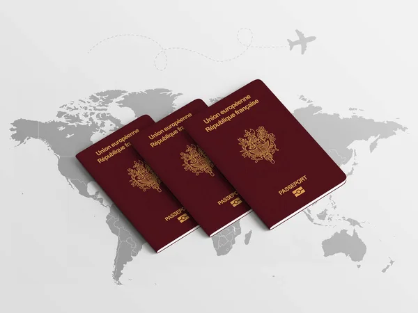 Frankrijk Familie Paspoorten Voor Reizen Wereldkaart Achtergrond Illustratie — Stockfoto