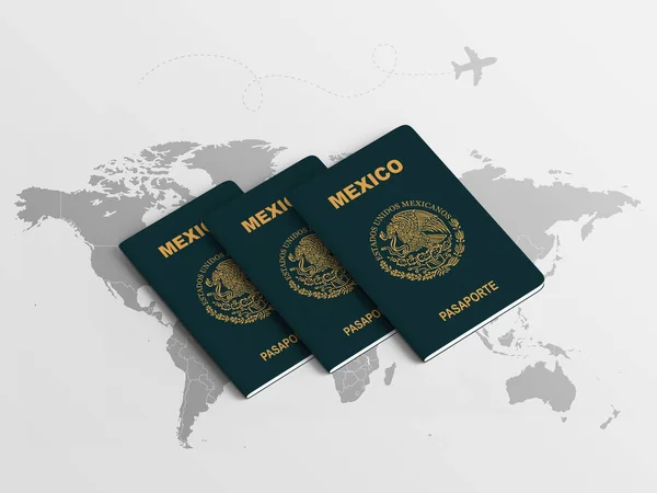Οικογενειακά Διαβατήρια Μεξικού Για Ταξίδια Στο Φόντο Του Παγκόσμιου Χάρτη — Φωτογραφία Αρχείου