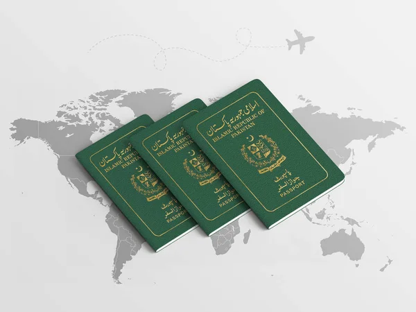 Pasaportes Familiares Pakistán Para Viajar Contexto Del Mapa Mundial Ilustración —  Fotos de Stock