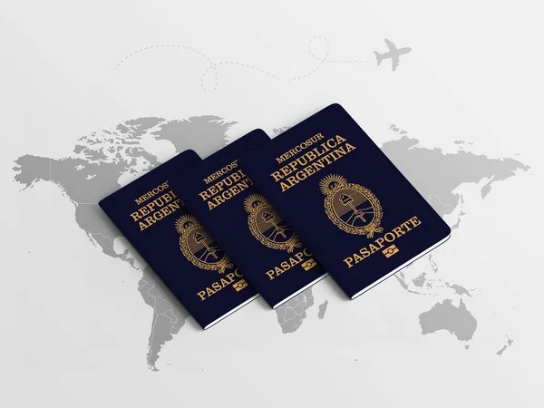 Αργεντινή Οικογενειακά Διαβατήρια Για Ταξίδια Στο Φόντο Του Παγκόσμιου Χάρτη — Φωτογραφία Αρχείου