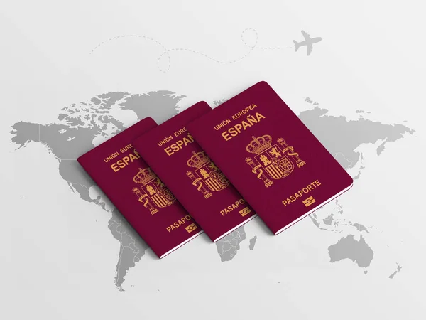 Pasaportes Familiares España Para Viajar Contexto Del Mapa Mundial Ilustración —  Fotos de Stock