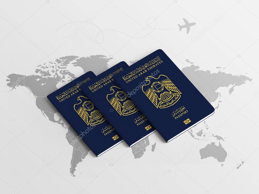 UAE Family Passports for travel on the world map background - 3D illustration
