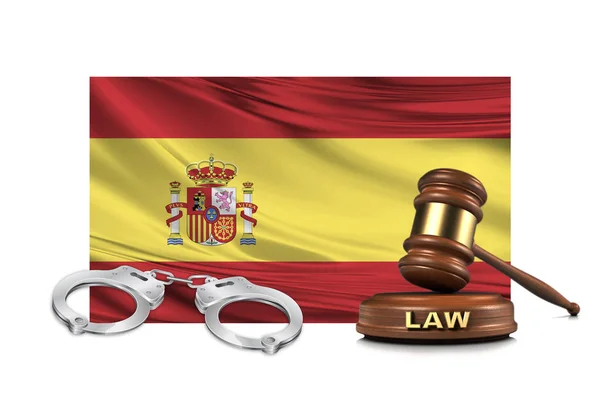Ξύλινο Σφυράκι Δικαστής Σφυρί Χειροπέδες Στην Ισπανία Σημαία Για Την — Φωτογραφία Αρχείου
