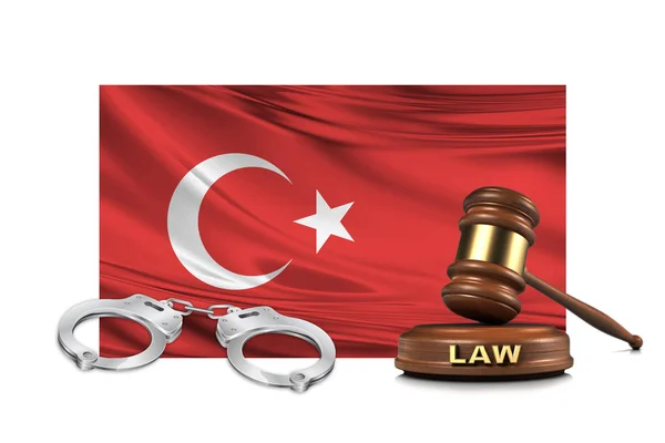 Wooden Gavel Judge Hammer Handcuffs Turkey Flag Law Concept Illustration — Stock Photo, Image