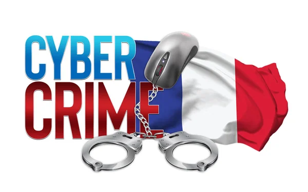 Cyber Crime Lettering with France Flag - Computer Mouse and Handcuffs connected Chain - 3D Illustration
