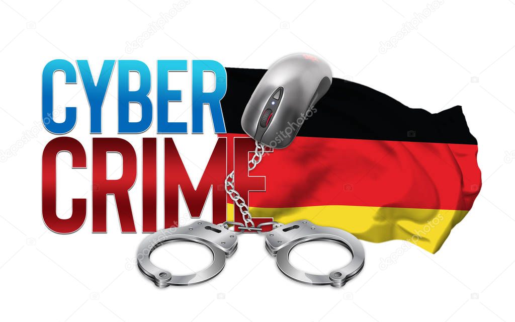 Cyber Crime Lettering with Germany Flag - Computer Mouse and Handcuffs connected Chain - 3D Illustration