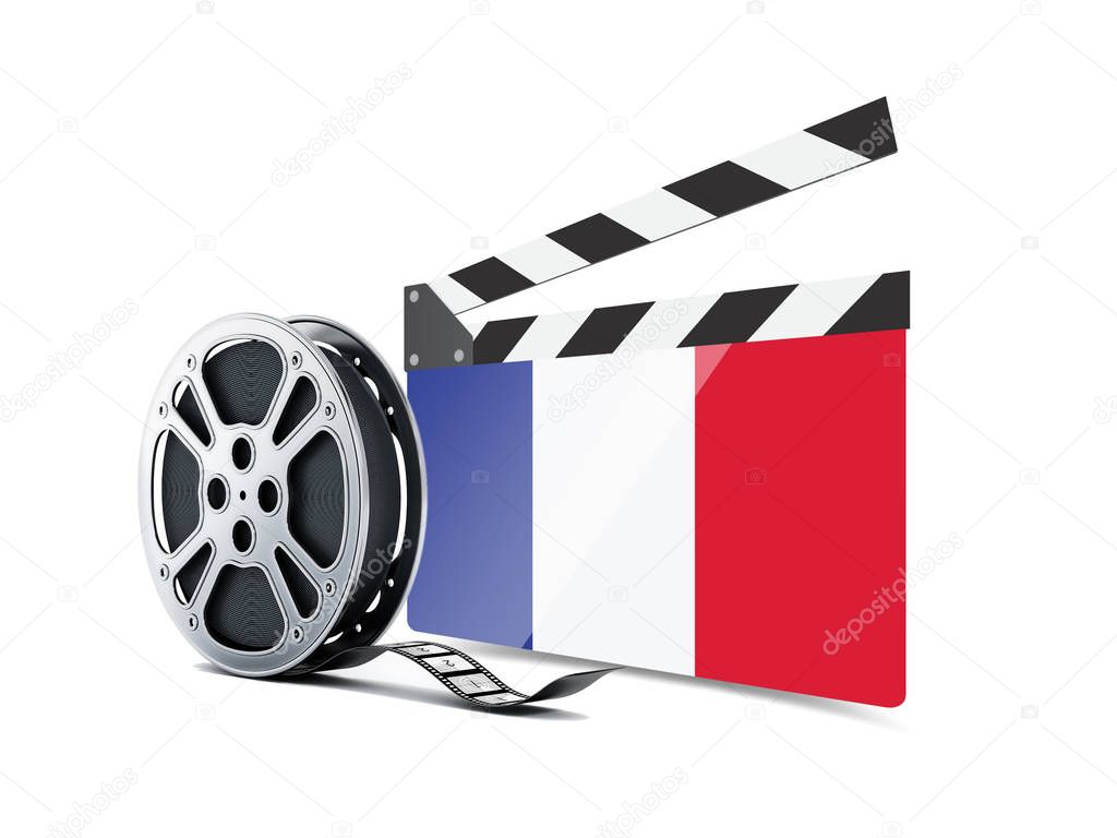 France Cinema Clapboard with Film Reel and flag on Director's Cut - 3d Illustration