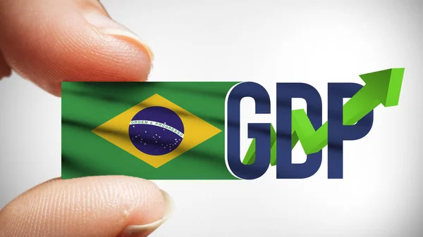 国内生产总值或Gdp的概念与巴西国旗在特写手指 Gdp文本与绿色增长箭头 — 图库照片