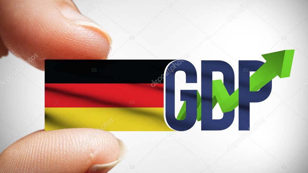 Concept of Gross Domestic Product or GDP with Germany Flag in Closeup Fingers, GDP Text with Green Arrow of Growth