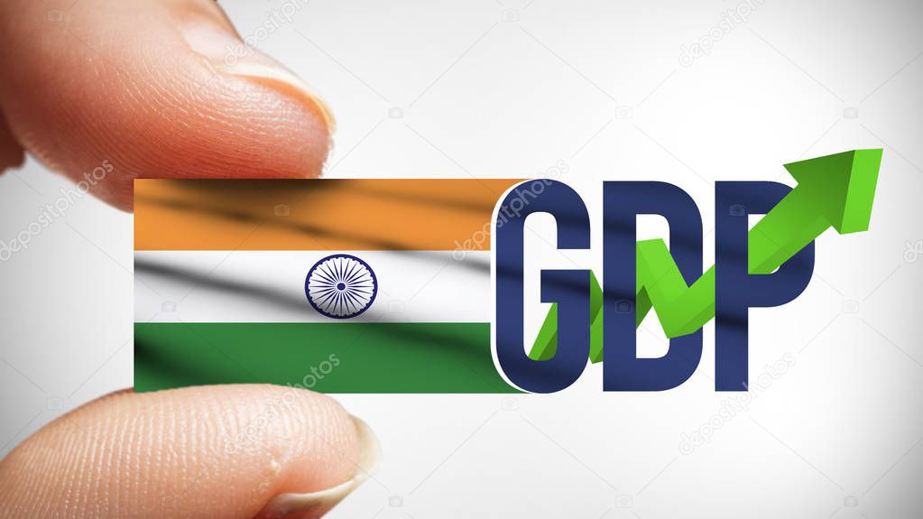 Concept of Gross Domestic Product or GDP with India Flag in Closeup Fingers, GDP Text with Green Arrow of Growth