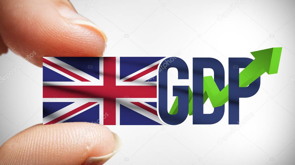 Concept of Gross Domestic Product or GDP with United Kingdom Flag in Closeup Fingers, GDP Text with Green Arrow of Growth