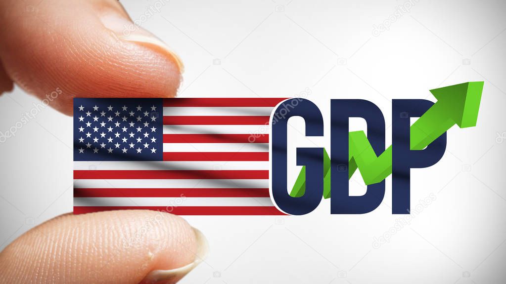 Concept of Gross Domestic Product or GDP with USA Flag in Closeup Fingers, GDP Text with Green Arrow of Growth
