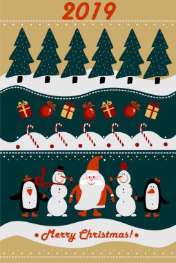 Bir çizgi film kardan adam, Noel Baba ve komik penguen ile neşeli Noel tebrik kartı.