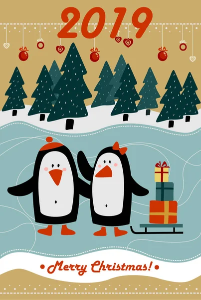 Neşeli Noel tebrik kartı ile komik bir karikatür penguenler ve hediyeler ile atlı kızak