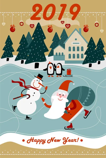 Birkaç çizgi film penguenler, komik kardan adam ve patenci Noel Baba hediye çanta ile neşeli Noel tebrik kartı