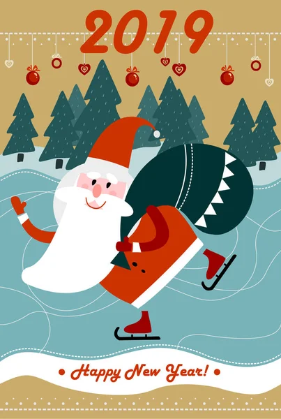 Komik patenci Noel Baba hediye çanta. Neşeli Noel tebrik kartı.