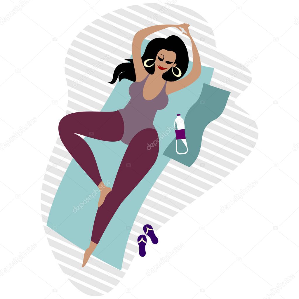 Body-positive plus size cute girl in a violet leotard with a drinking water bottle doing yoga on the yoga mat