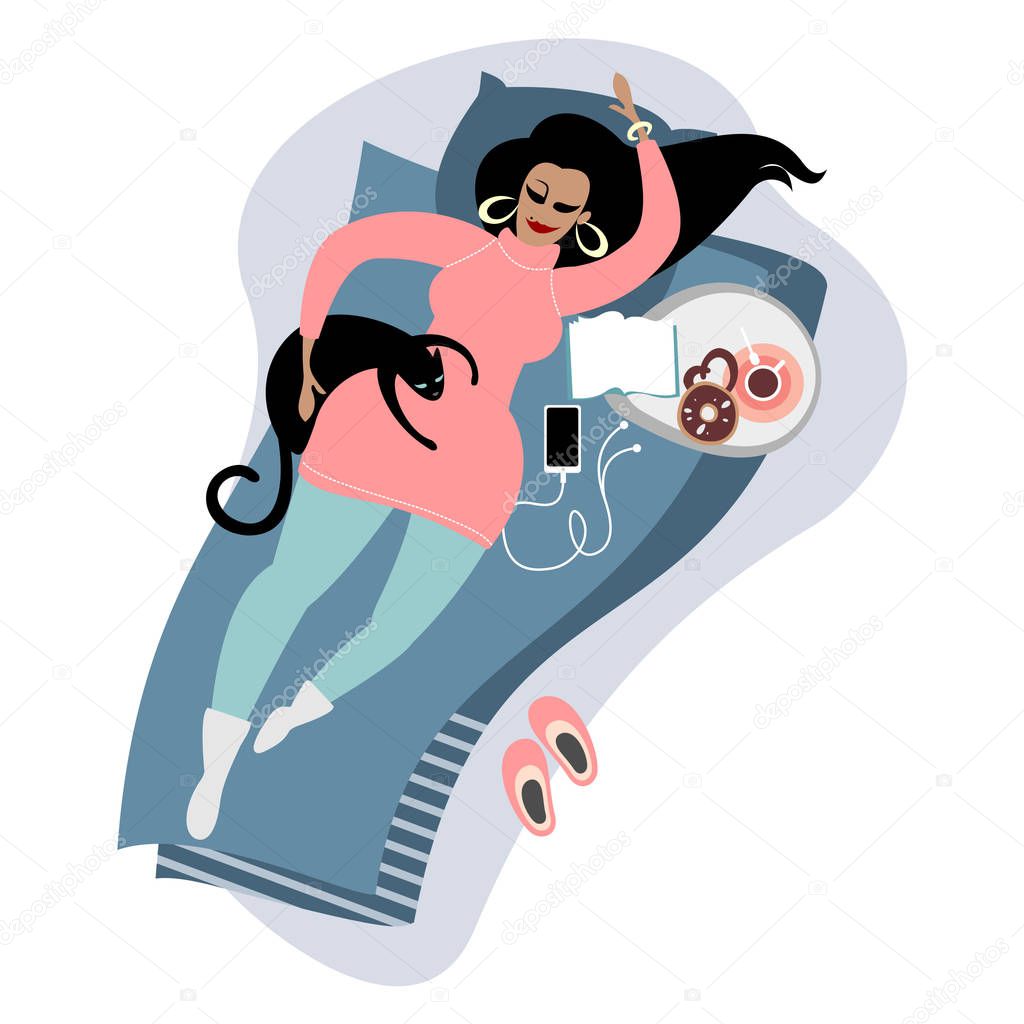 Body-positive plus size cute girl in a pink knit dress with a black cat and feet in warm knitted socks have a resting with a coffee cap and a book 