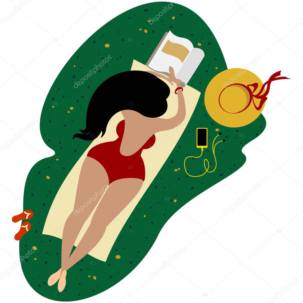 Body-positive plus size cute girl in a red swimsuit with a phone and a magazine on the blanket takes sunbathing on the lawn