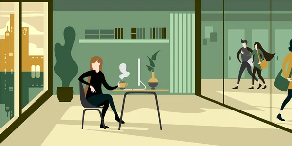 Eco Verde Interior Ambiental Oficina Moderna Espacio Trabajo Con Joven — Vector de stock