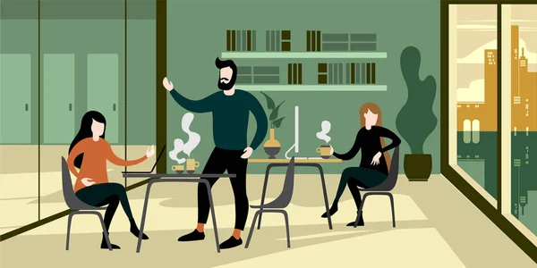 Eko yeşil çevre iç cam duvar modern ofis çalışma alanı beyaz yakalı genç çalışanların yeni başlangıç projesi tartışmaya ile.