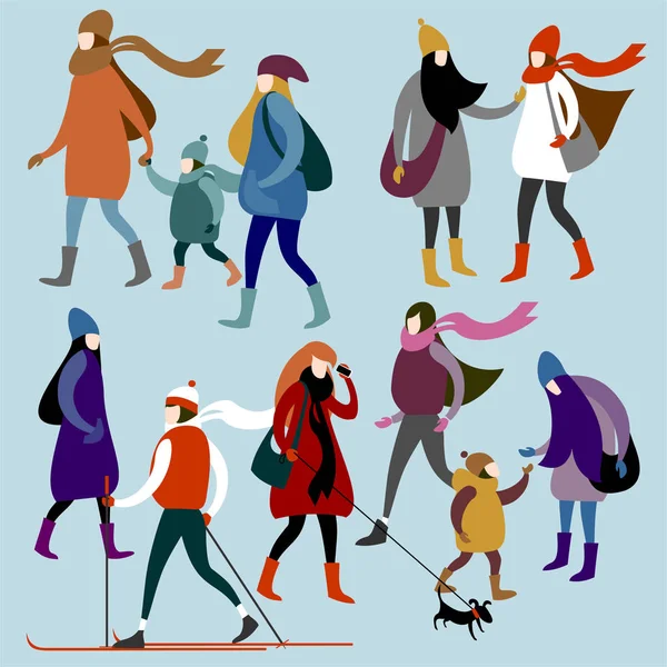 Groupe Jeunes Filles Urbaines Vêtues Vêtements Chauds Hiver — Image vectorielle