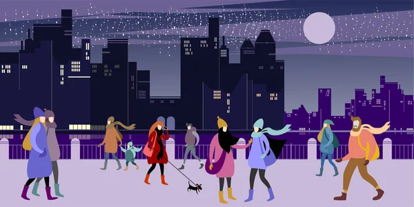 Eine Gruppe Junger Städtischer Warm Gekleideter Menschen Spaziert Winterlichen Stadtkai — Stockvektor