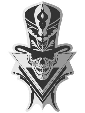 Dekoratif siyah beyaz rockabilly kafatası silindir şapka unutulmaz tuhaf sanat etiket, dövme veya t-shirt baskı