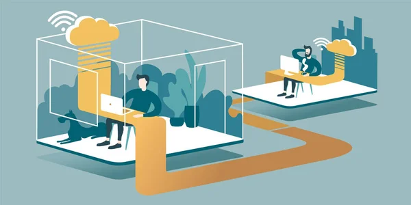 3D Teknik çizim açıklayan nasıl bulut hesaplama her yerden çalışma yeteneğimizi artırılması. İzometrik düzeni Office bulut ile uzaktan çalışma prensibi açıklayan.