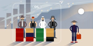 Petrol fiyatı büyüme grafik illüstrasyon farklı ulusal karakter karakterimiz ile