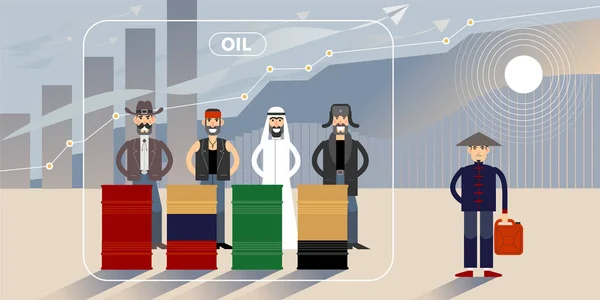 Petrol fiyatı büyüme grafik illüstrasyon farklı ulusal karakter karakterimiz ile