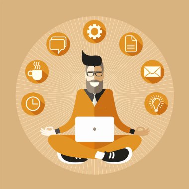 Sakallı ve gözlüklü Hipster genç adam Sukhasana kolay poz meditasyon bir dizüstü bilgisayar ile sarı-turuncu elbiseli denge büyük veri okyanusta bulur.