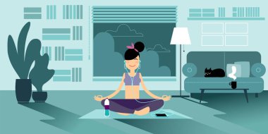 Bir Yoga-kız Kulaklığımda pilates mat bir kolay sukhasana poz oturan akşamları evde derin derin düşünür. Yakınlarda bir şişe su, bir fincan çay ve bir kedi kanepede.