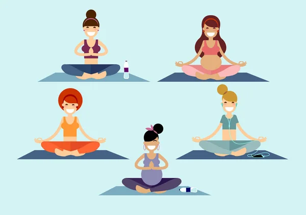 Grupo Chicas Yoga Señoras Jóvenes Medita Sentado Una Esterilla Pilates — Archivo Imágenes Vectoriales