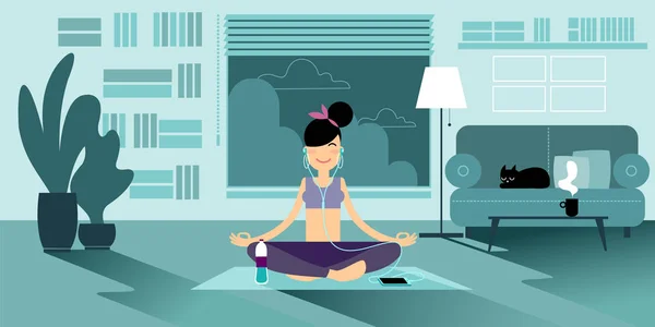 Bir Yoga-kız Kulaklığımda pilates mat bir kolay sukhasana poz oturan akşamları evde derin derin düşünür. Yakınlarda bir şişe su, bir fincan çay ve bir kedi kanepede.