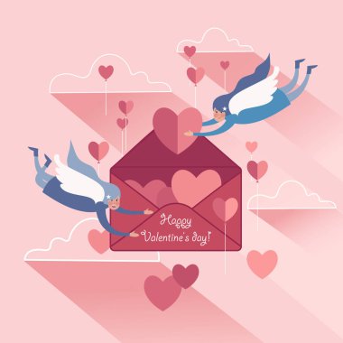 Cute couple soaring white-winged angels with valentines, pink sky background. clipart