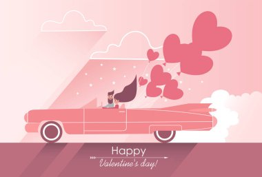 Cute couple in love on a pink car with heart-shaped balloons vector