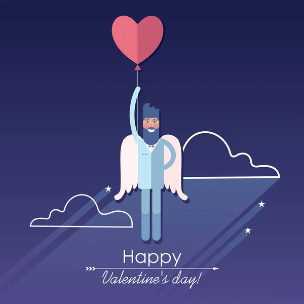 Ángel Barbudo Alado Blanco Con Globo Forma Corazón San Valentín — Vector de stock