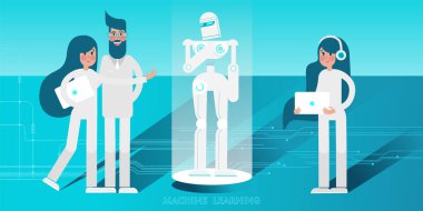 Programlama ve insana ilişkin android Robot kontrol dizüstü bilgisayarlar ile genç bilim adamları. Vektör düz çizim.