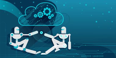Two android robots, symbolizing machine learning, exchange information with each other through the Cloud computing. Vector flat illustration blue modern background. clipart