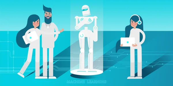 Programlama ve insana ilişkin android Robot kontrol dizüstü bilgisayarlar ile genç bilim adamları. Vektör düz çizim.