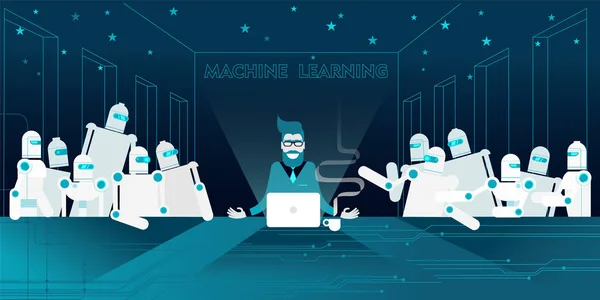 Teknoloji misyoneri sakallı ve gözlük ile onun androidler robotlar AI Havariler, The Last Supper