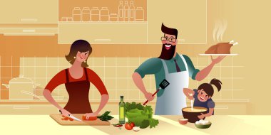 Genç mutlu aile mutfakta birlikte lezzetli bir akşam yemeği pişiriyor. Anne, kız ve baba. Düz grafik vektör illüstrasyonu.