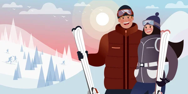 Jeune Couple Vacances Montagne Dans Une Station Ski Illustration Vectorielle — Image vectorielle