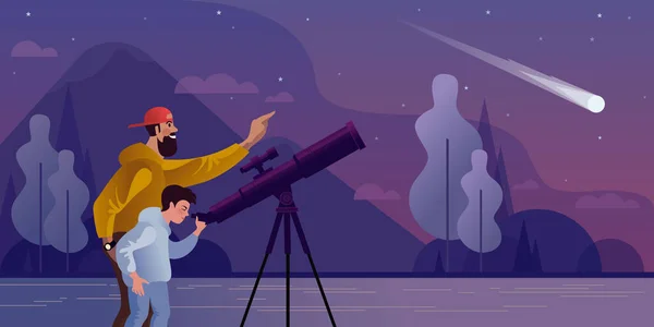 Baba ve oğul teleskoptan düşen bir kuyruklu yıldızı izliyorlar. Düz vektör illüstrasyonu.