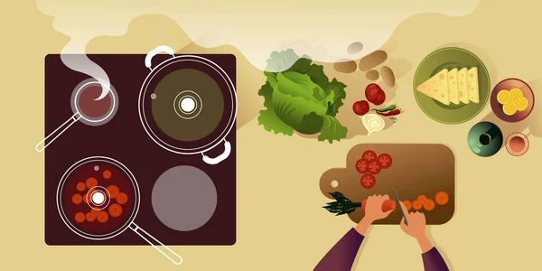Mutfak masası. Salata için sebze doğruyorum. İniş sayfası veya tasarım reklam pankartı için üst görünüm vektör modelleme illüstrasyonu.