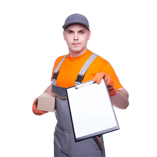 Lader Arbeitskleidung Karton Paketzustellung Beruf Des Dienstleisters Papiertablette Frachttransport Kurier — Stockfoto